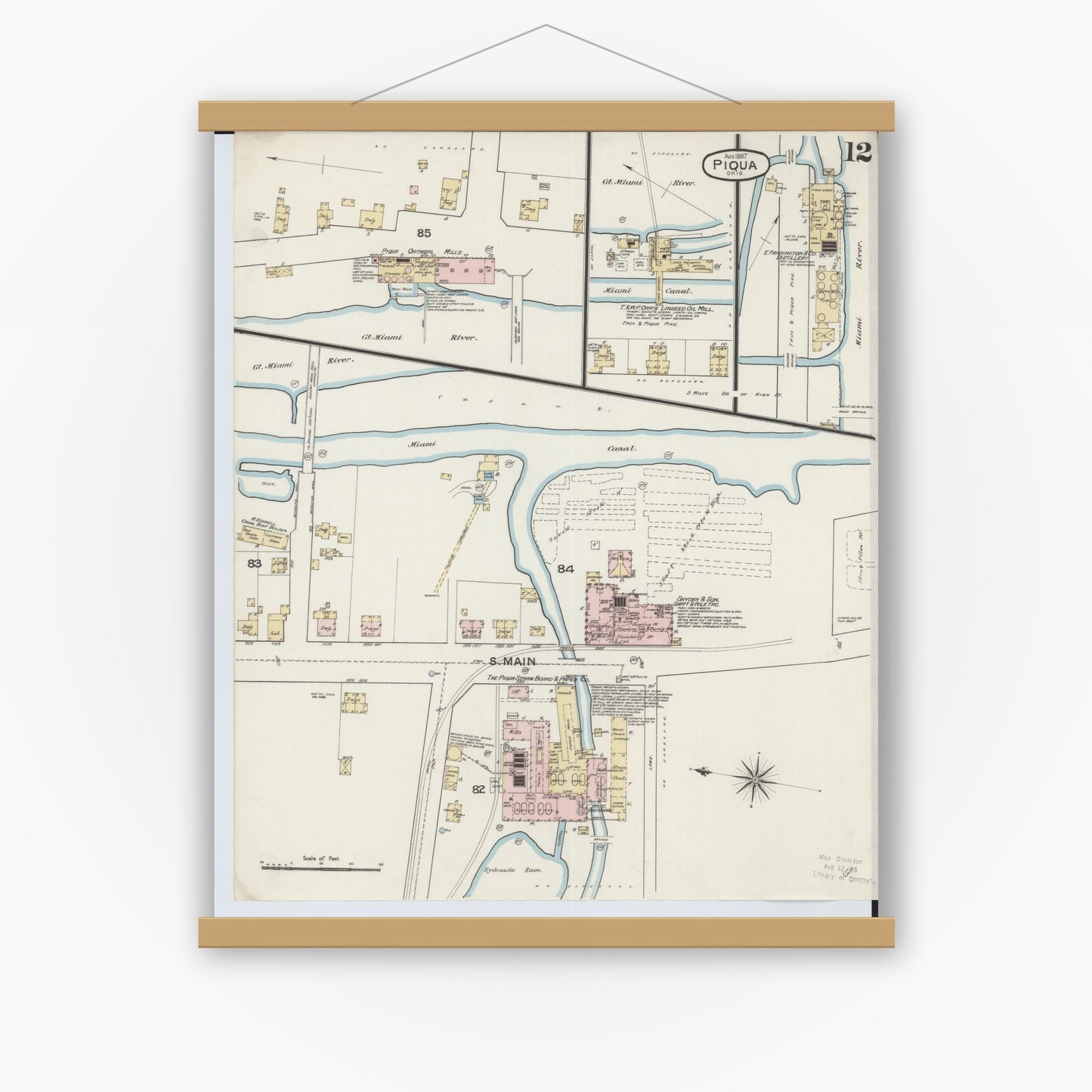 Old map wall art mockup — magnetic wood frame on white wall — Sanborn Fire Insurance Map from Piqua, Miami County, Ohio (1887), Sheet #0012