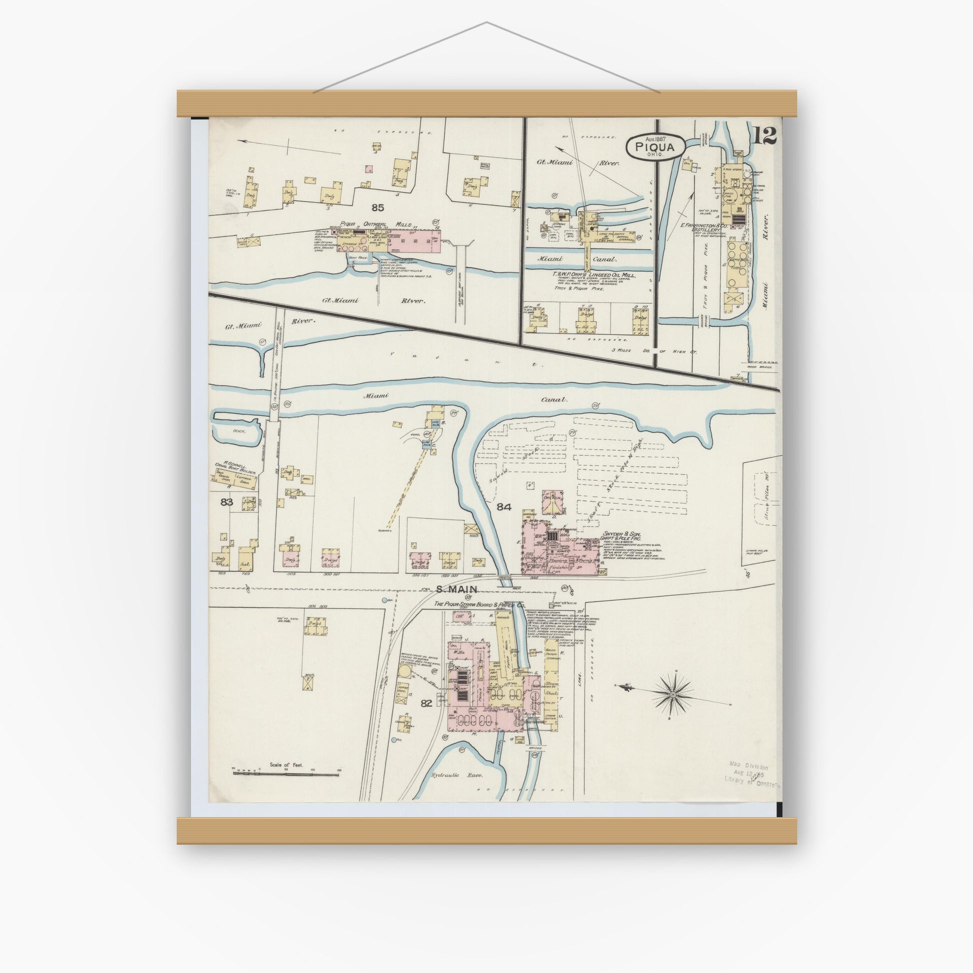 Old map wall art mockup — magnetic wood frame on white wall — Sanborn Fire Insurance Map from Piqua, Miami County, Ohio (1887), Sheet #0012