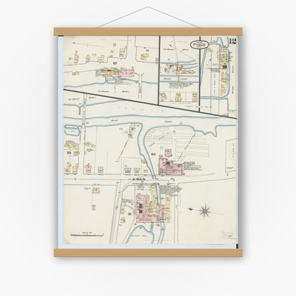 Old map wall art mockup — magnetic wood frame on white wall — Sanborn Fire Insurance Map from Piqua, Miami County, Ohio (1887), Sheet #0012