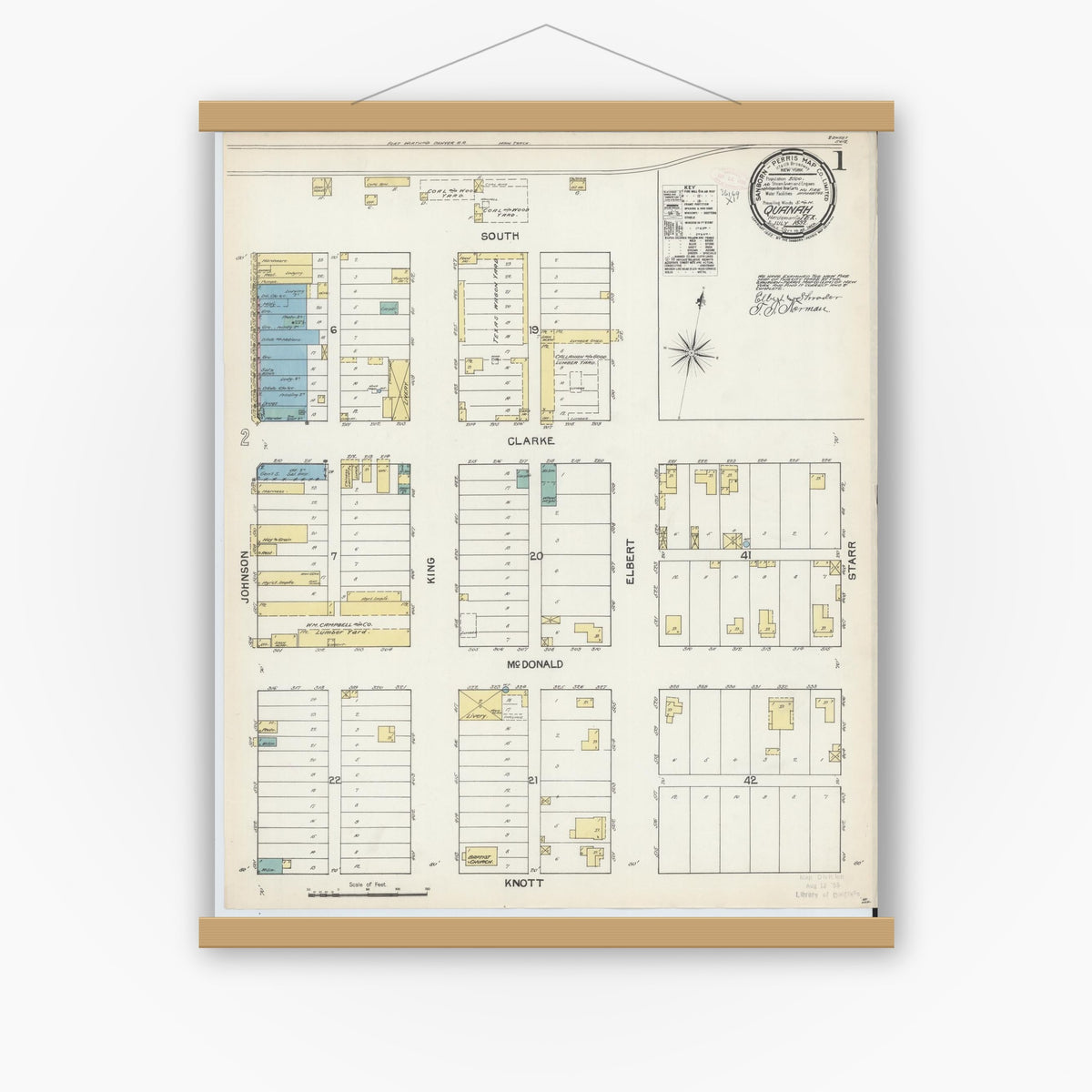 Old map wall art mockup — magnetic wood frame on white wall — Sanborn Fire Insurance Map from Quanah, Hardeman County, Texas (1892), Sheet #0001