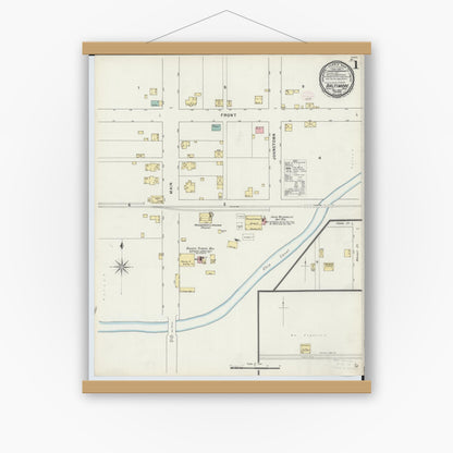 Old map wall art mockup — magnetic wood frame on white wall — Sanborn Fire Insurance Map from Baltimore, Fairfield County, Ohio (1895), Sheet #0001