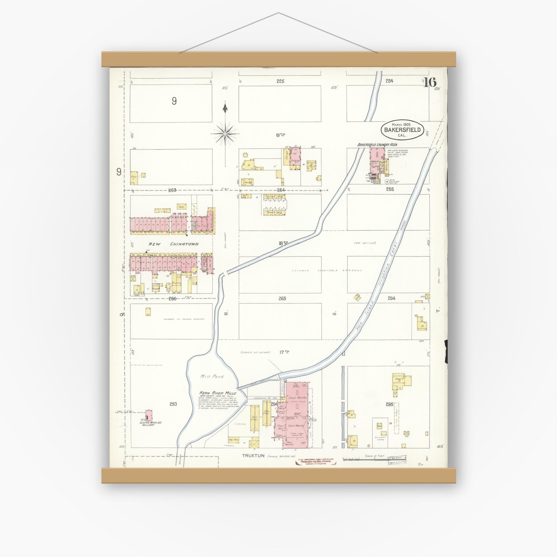 Old map wall art mockup — magnetic wood frame on white wall — Sanborn Fire Insurance Map from Bakersfield, Kern County, California (1905), Sheet #0016