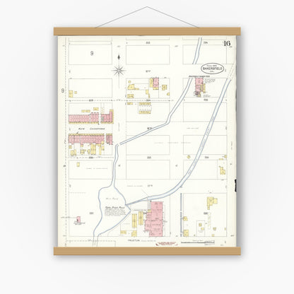 Old map wall art mockup — magnetic wood frame on white wall — Sanborn Fire Insurance Map from Bakersfield, Kern County, California (1905), Sheet #0016