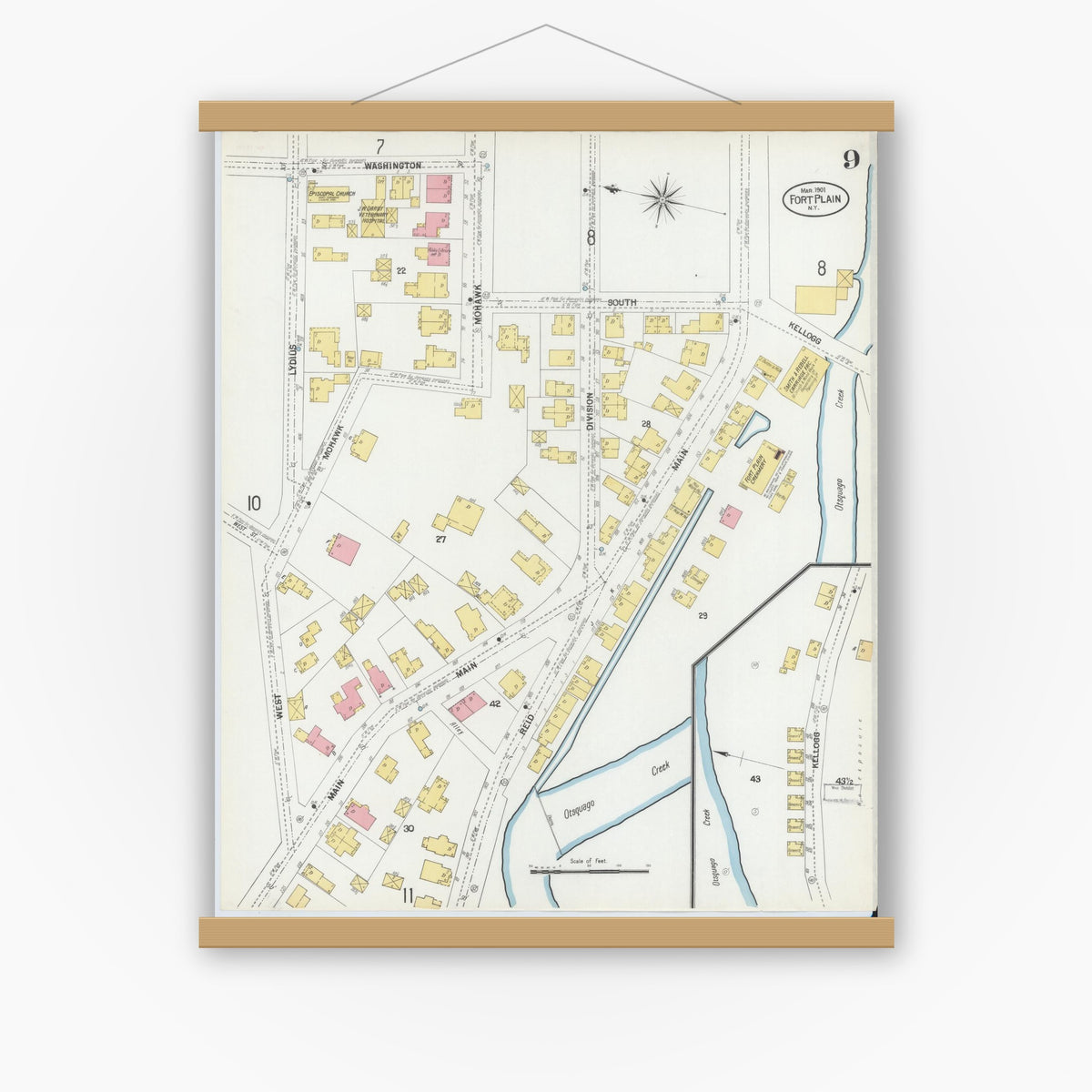 Old map wall art mockup — magnetic wood frame on white wall — Sanborn Fire Insurance Map from Fort Plain, Montgomery County, New York (1901), Sheet #0009