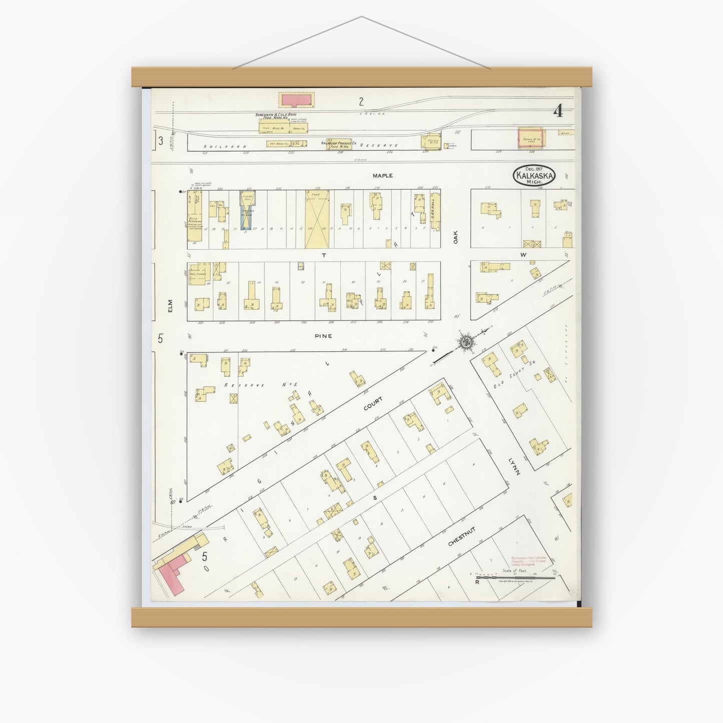 Old map wall art mockup — magnetic wood frame on white wall — Sanborn Fire Insurance Map from Kalkaska, Kalkaska County, Michigan (1917), Sheet #0004