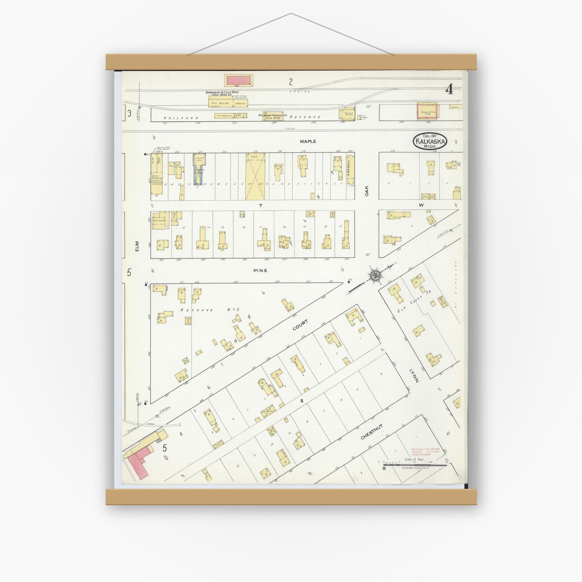 Old map wall art mockup — magnetic wood frame on white wall — Sanborn Fire Insurance Map from Kalkaska, Kalkaska County, Michigan (1917), Sheet #0004