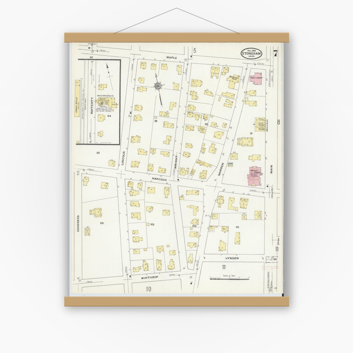 Old map wall art mockup — magnetic wood frame on white wall — Sanborn Fire Insurance Map from Stoneham, Middlesex County, Massachusetts (1909), Sheet #0007