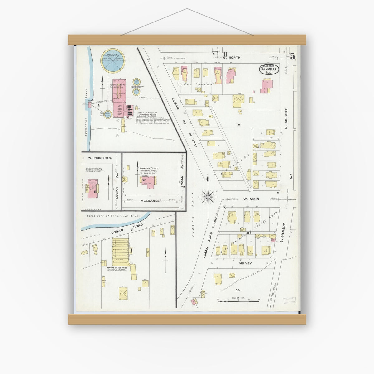 Old map wall art mockup — magnetic wood frame on white wall — Sanborn Fire Insurance Map from Danville, Vermilion County, Illinois (1909), Sheet #0005