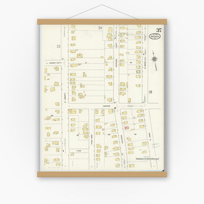 Old map wall art mockup — magnetic wood frame on white wall — Sanborn Fire Insurance Map from Batavia, Genesee County, New York (1912), Sheet #0037