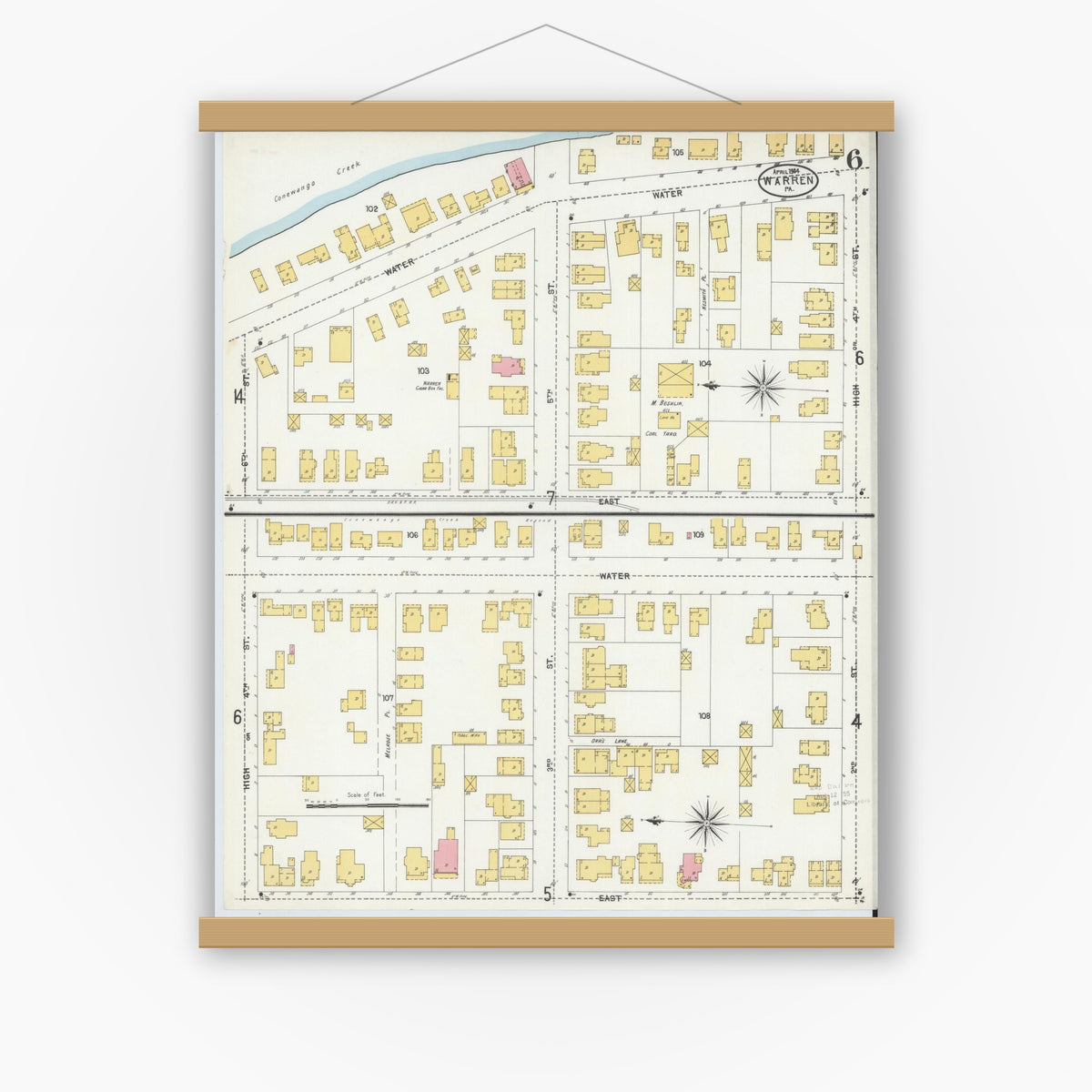 Old map wall art mockup — magnetic wood frame on white wall — Sanborn Fire Insurance Map from Warren, Warren County, Pennsylvania (1904), Sheet #0006