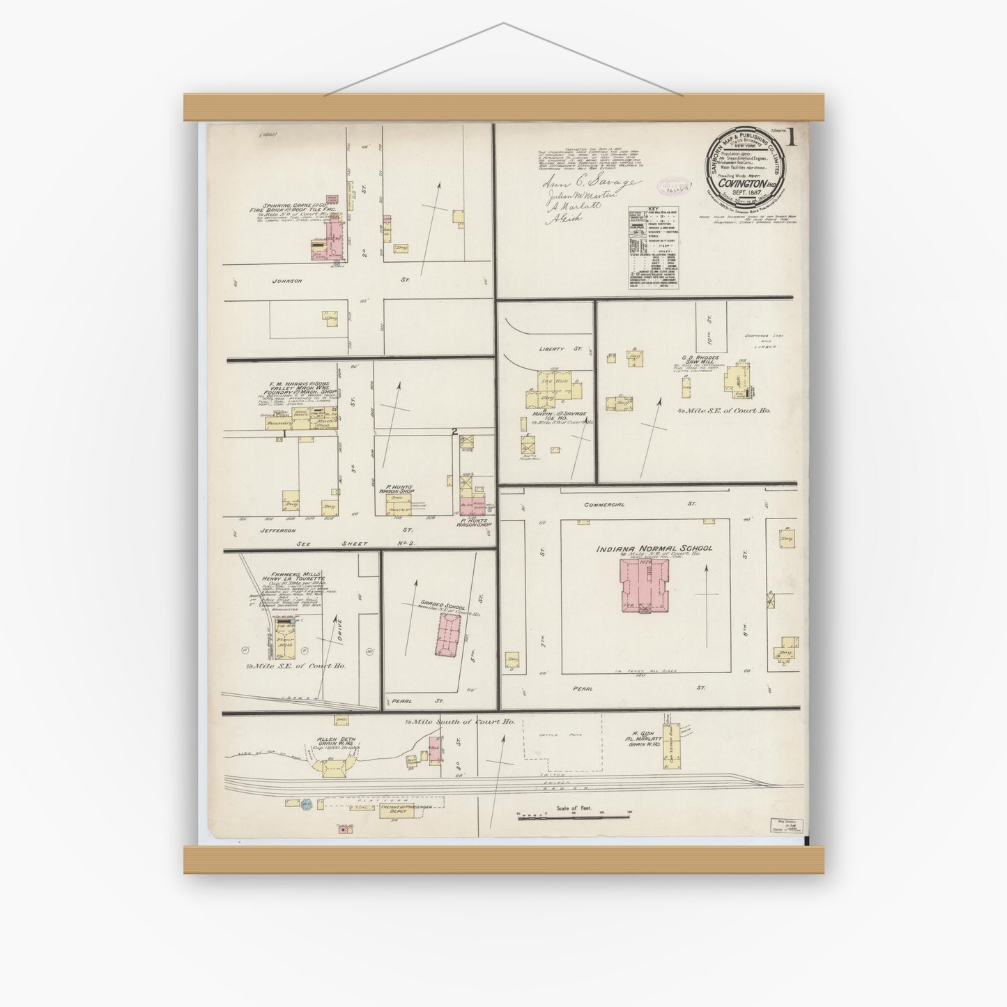 Old map wall art mockup — magnetic wood frame on white wall — Sanborn Fire Insurance Map from Covington, Fountain County, Indiana (1887) - Complete Map Set