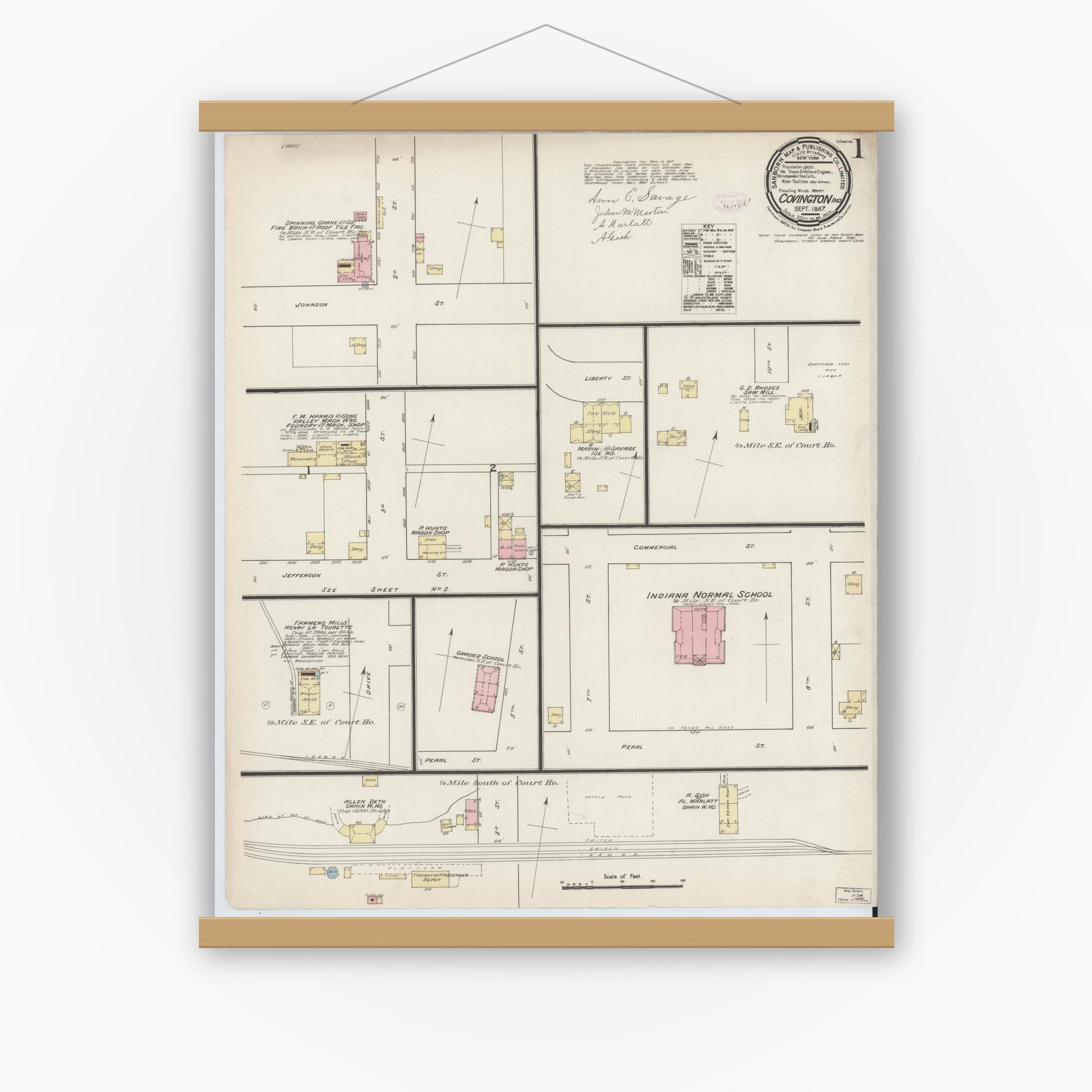 Old map wall art mockup — magnetic wood frame on white wall — Sanborn Fire Insurance Map from Covington, Fountain County, Indiana (1887) - Complete Map Set