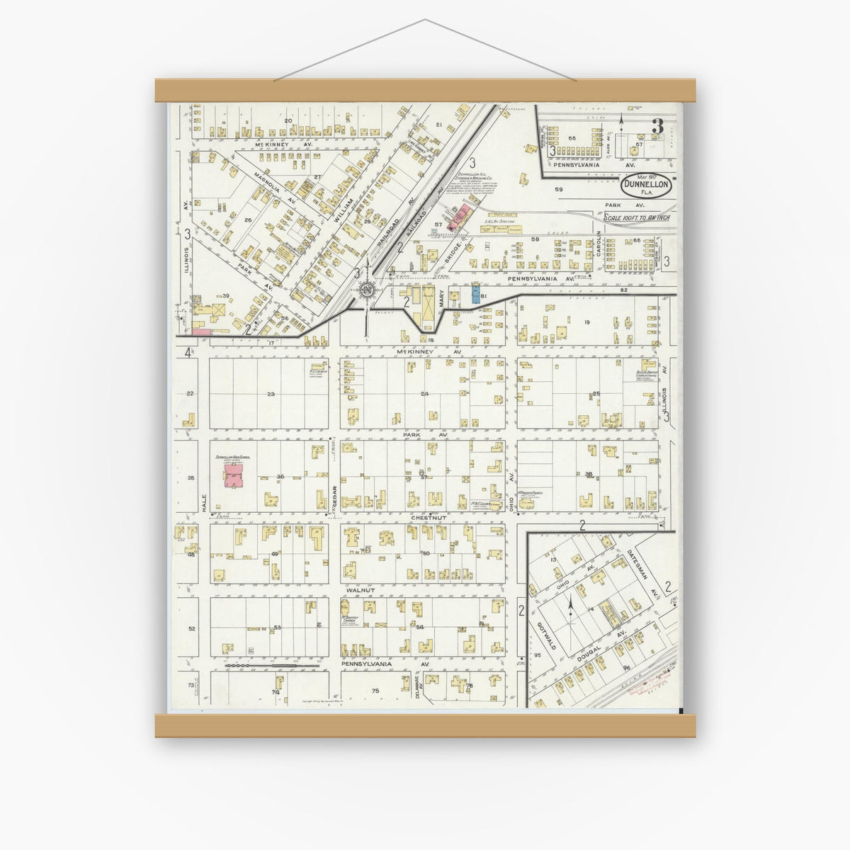 Old map wall art mockup — magnetic wood frame on white wall — Sanborn Fire Insurance Map from Dunnellon, Marion County, Florida (1917), Sheet #0003