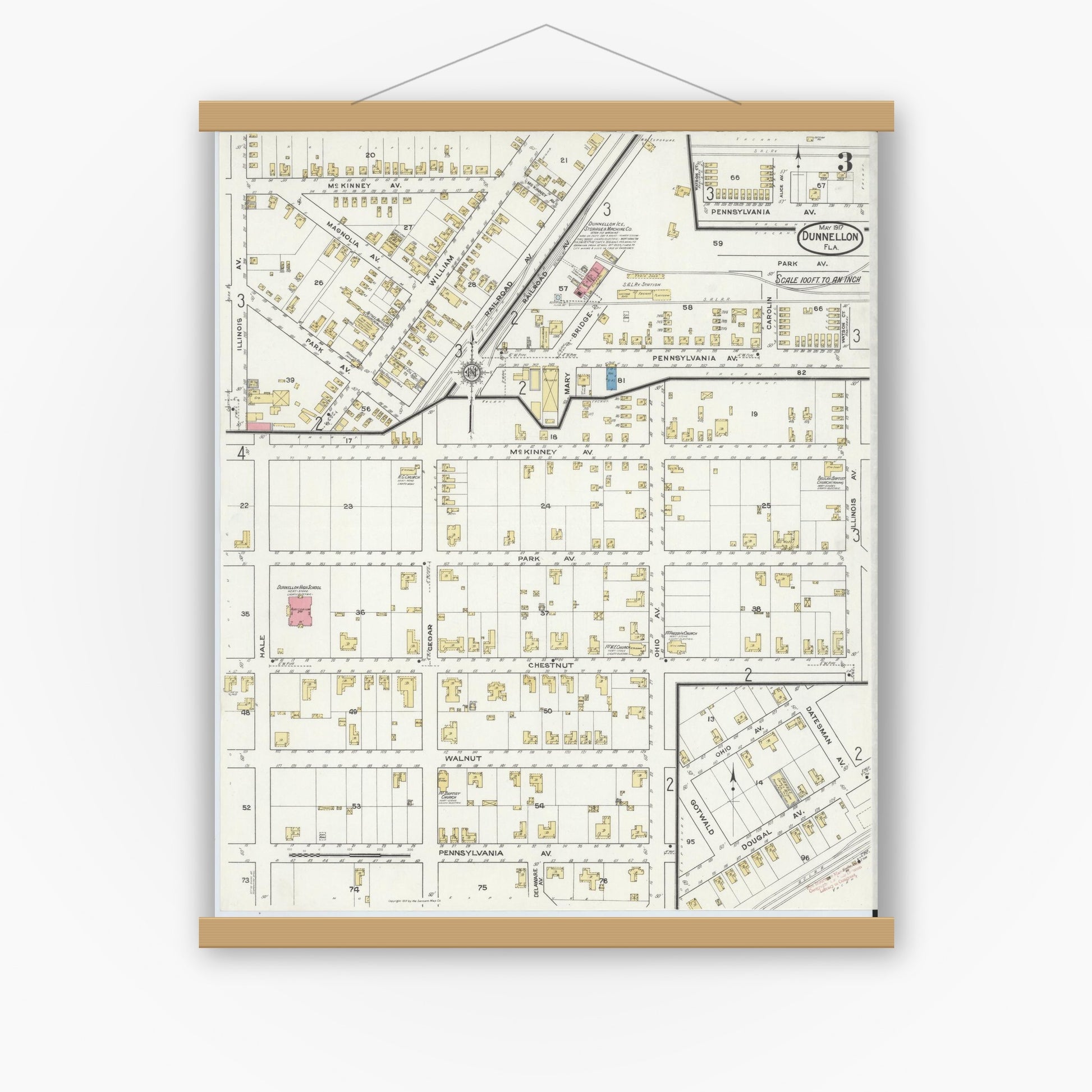 Old map wall art mockup — magnetic wood frame on white wall — Sanborn Fire Insurance Map from Dunnellon, Marion County, Florida (1917), Sheet #0003