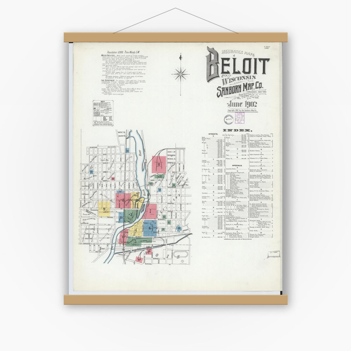 Old map wall art mockup — magnetic wood frame on white wall — Sanborn Fire Insurance Map from Beloit, Rock County, Wisconsin (1902) - Complete Map Set