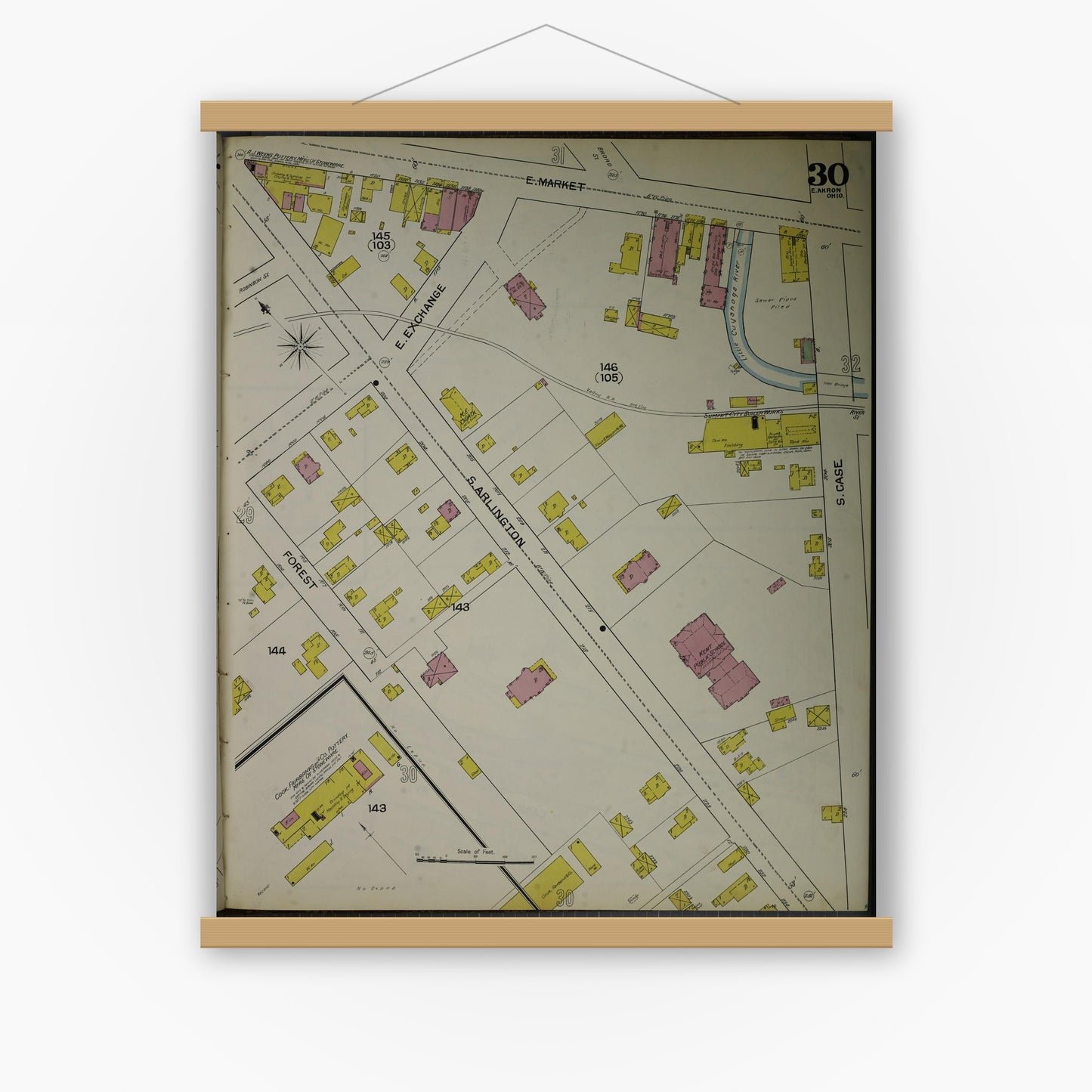 Old map wall art mockup — magnetic wood frame on white wall — Sanborn Fire Insurance Map from Akron, Summit County, Ohio (1892), Sheet #0030