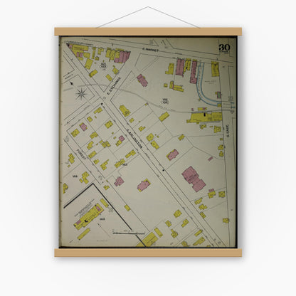Old map wall art mockup — magnetic wood frame on white wall — Sanborn Fire Insurance Map from Akron, Summit County, Ohio (1892), Sheet #0030