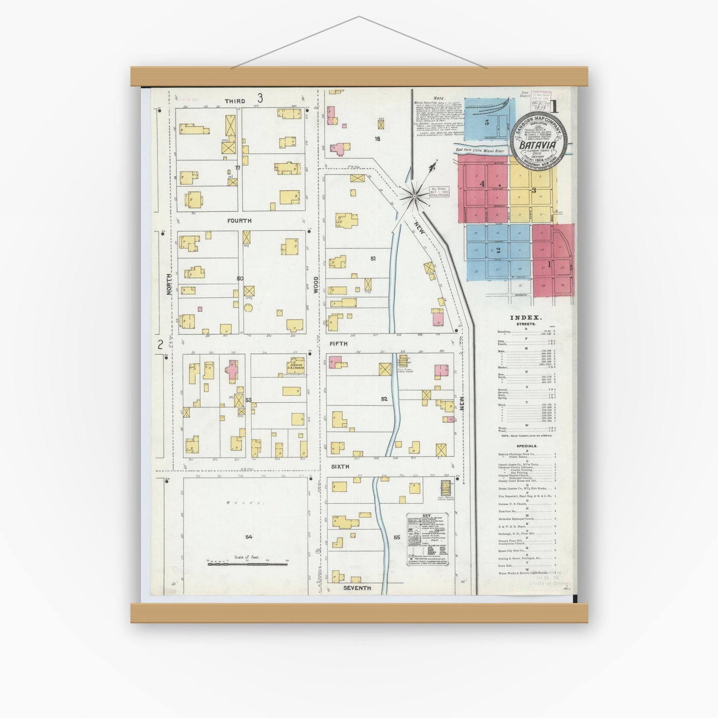 Old map wall art mockup — magnetic wood frame on white wall — Sanborn Fire Insurance Map from Batavia, Clermont County, Ohio (1904) - Complete Map Set
