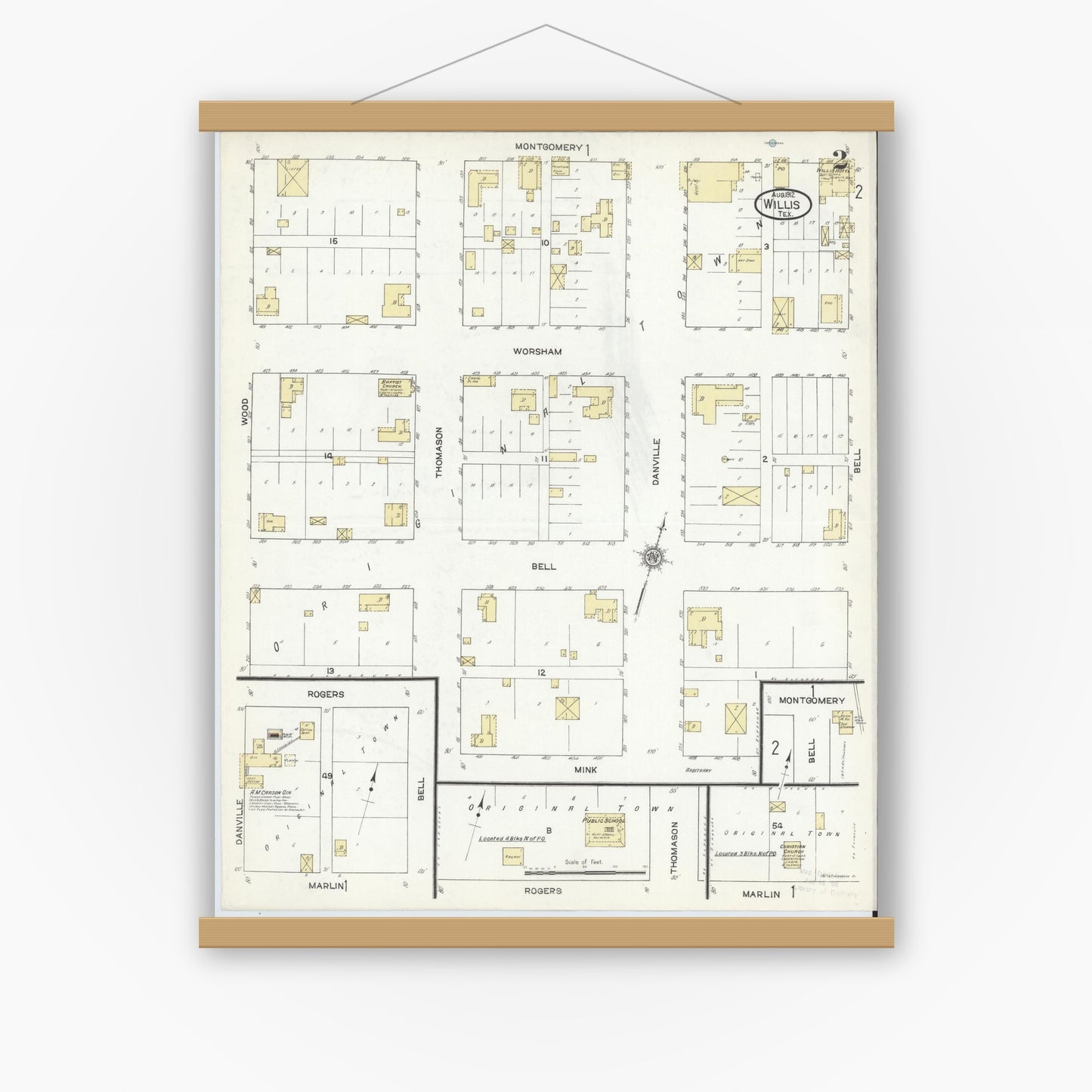 Old map wall art mockup — magnetic wood frame on white wall — Sanborn Fire Insurance Map from Willis, Montgomery County, Texas (1912), Sheet #0002