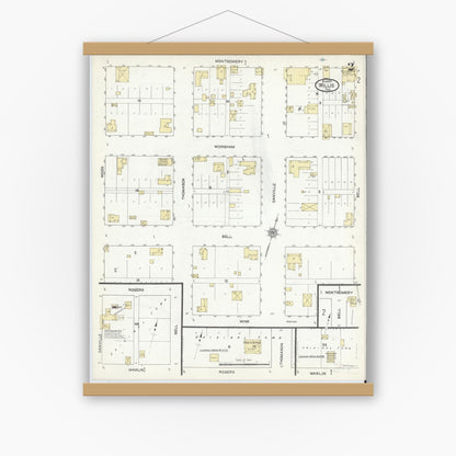 Old map wall art mockup — magnetic wood frame on white wall — Sanborn Fire Insurance Map from Willis, Montgomery County, Texas (1912), Sheet #0002
