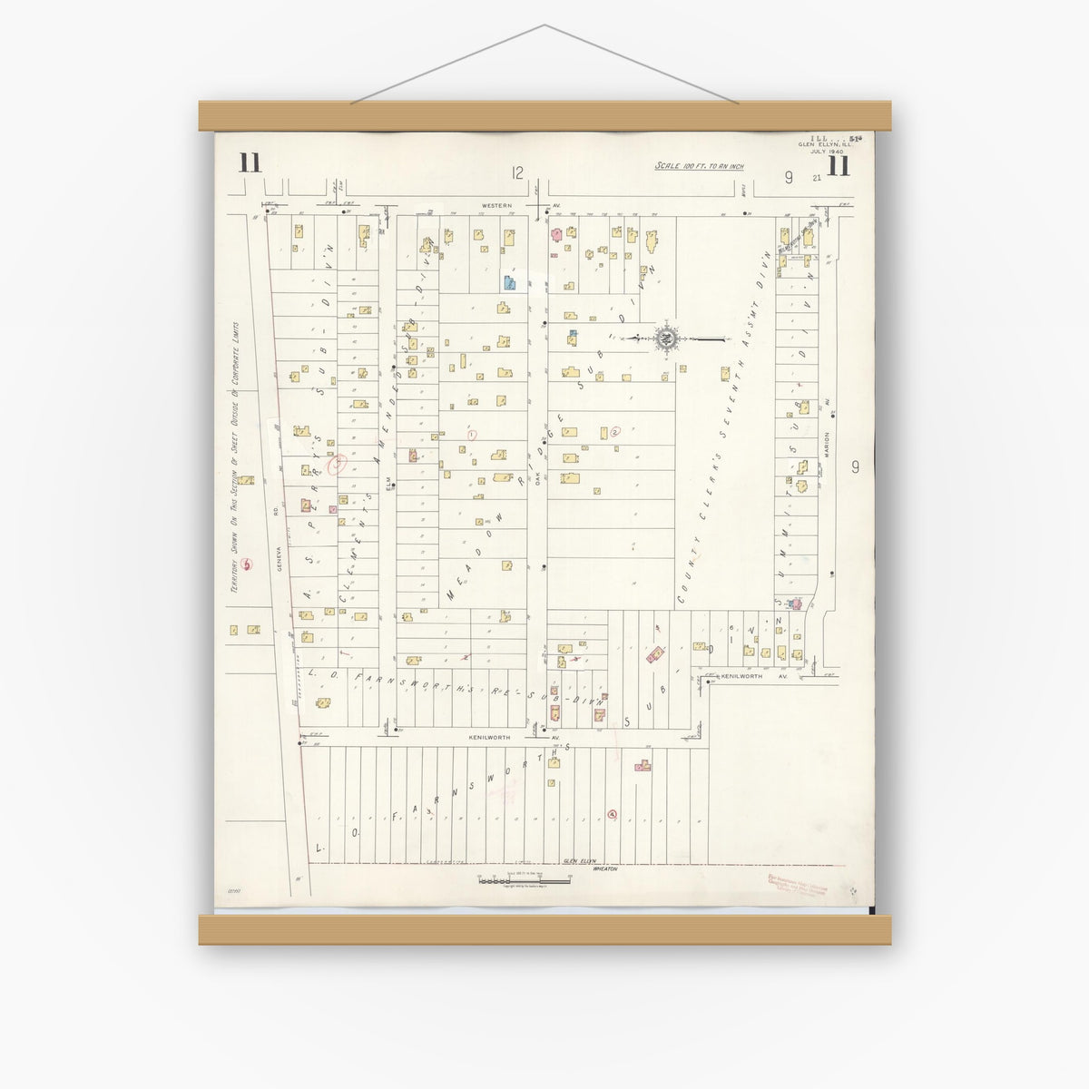 Old map wall art mockup — magnetic wood frame on white wall — Sanborn Fire Insurance Map from Glen Ellyn, Du Page County, Illinois (1946), Sheet #0011