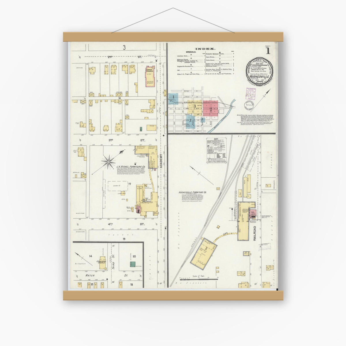 Old map wall art mockup — magnetic wood frame on white wall — Sanborn Fire Insurance Map from Hughesville, Lycoming County, Pennsylvania (1901), Sheet #0001