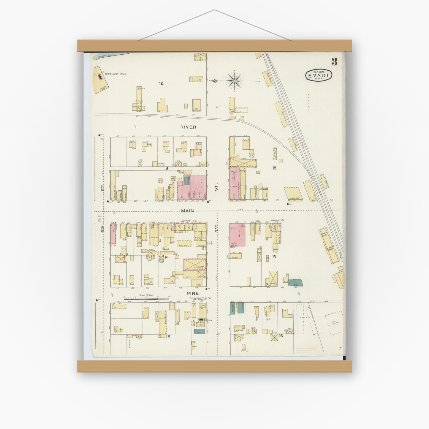 Old map wall art mockup — magnetic wood frame on white wall — Sanborn Fire Insurance Map from Evart, Osceola County, Michigan (1893), Sheet #0003
