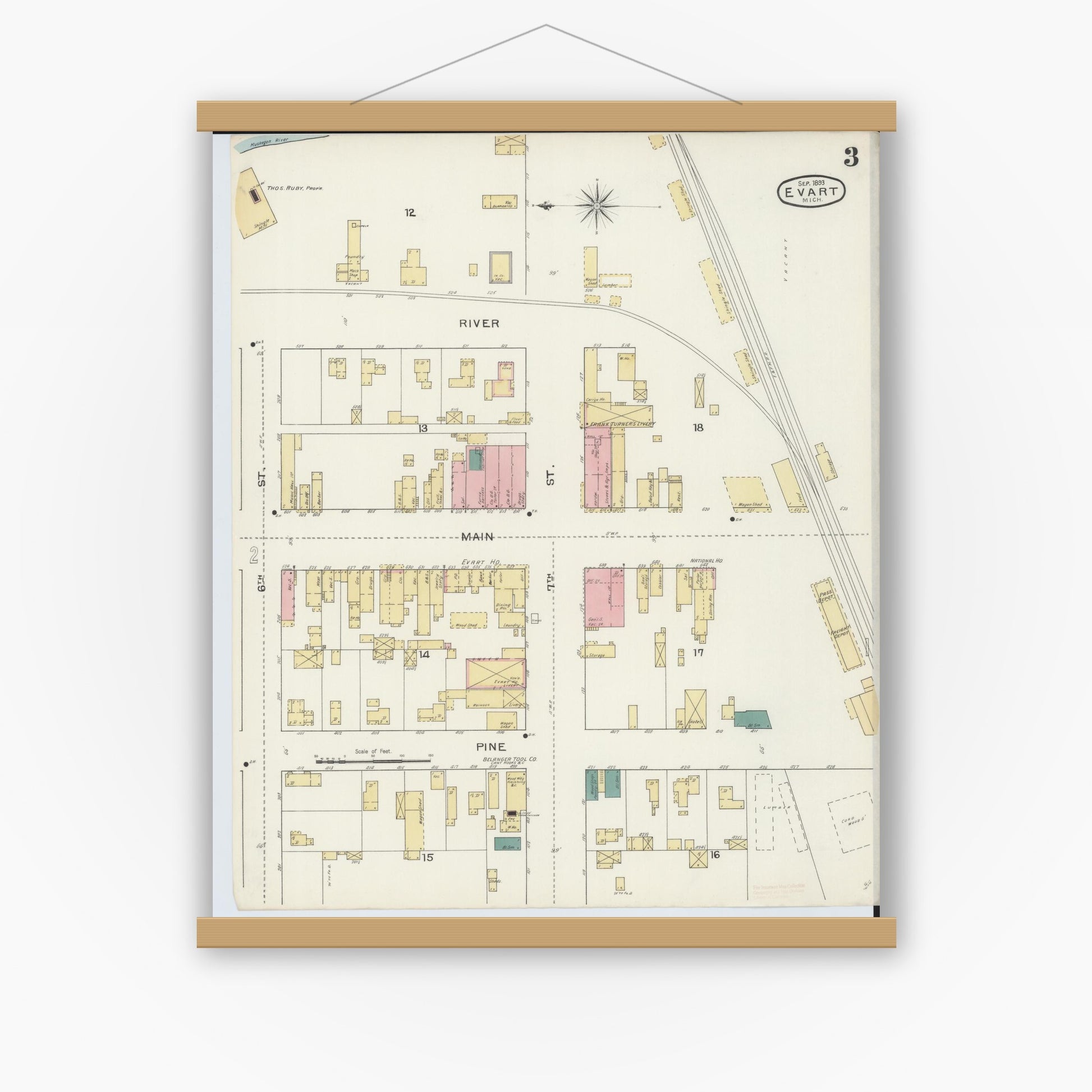 Old map wall art mockup — magnetic wood frame on white wall — Sanborn Fire Insurance Map from Evart, Osceola County, Michigan (1893), Sheet #0003