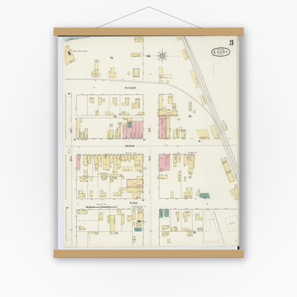 Old map wall art mockup — magnetic wood frame on white wall — Sanborn Fire Insurance Map from Evart, Osceola County, Michigan (1893), Sheet #0003