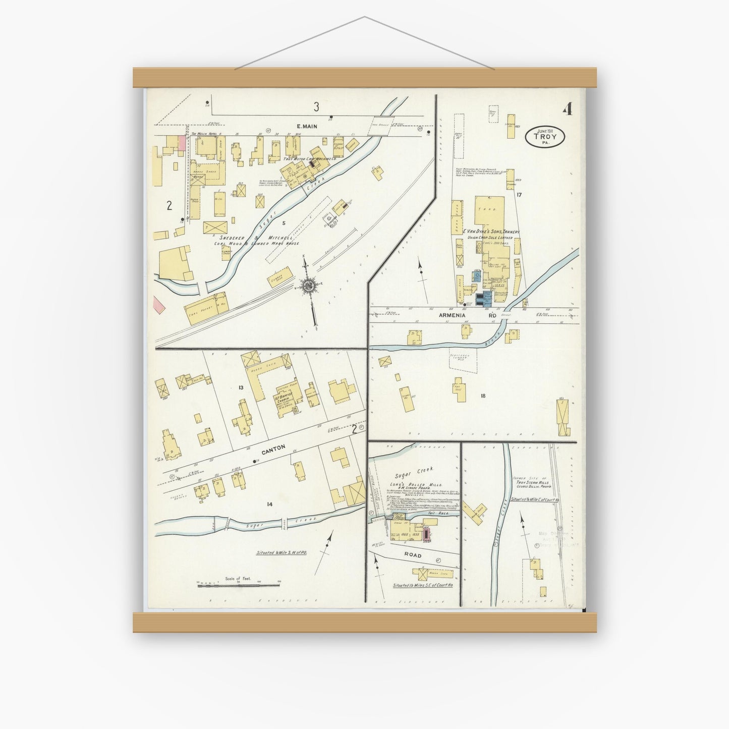 Old map wall art mockup — magnetic wood frame on white wall — Sanborn Fire Insurance Map from Troy, Bradford County, Pennsylvania (1911), Sheet #0004