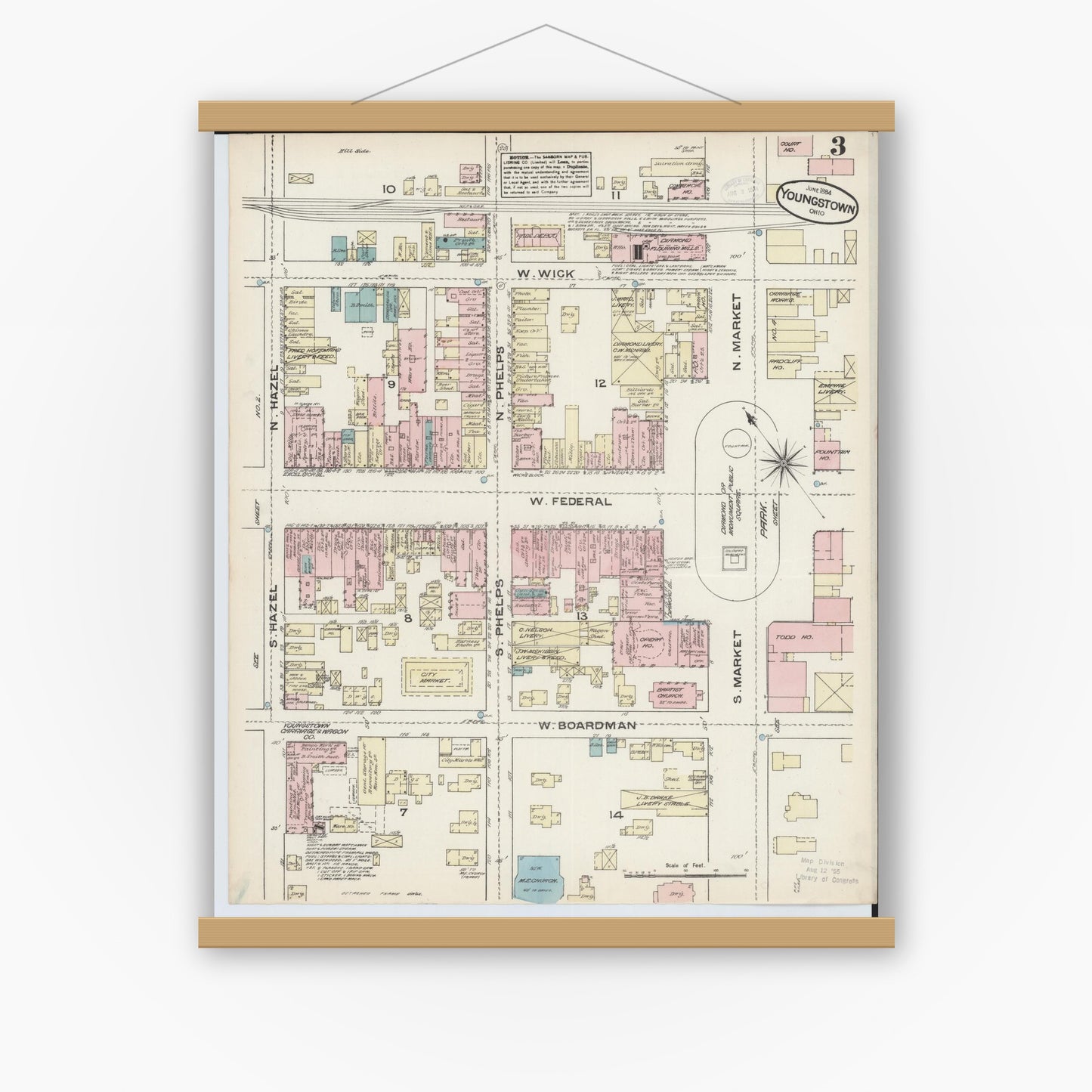 Old map wall art mockup — magnetic wood frame on white wall — Sanborn Fire Insurance Map from Youngstown, Mahoning County, Ohio (1884), Sheet #0003