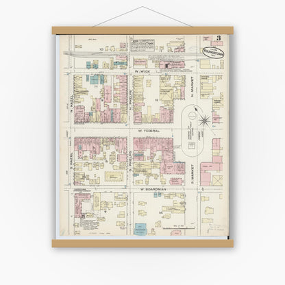 Old map wall art mockup — magnetic wood frame on white wall — Sanborn Fire Insurance Map from Youngstown, Mahoning County, Ohio (1884), Sheet #0003