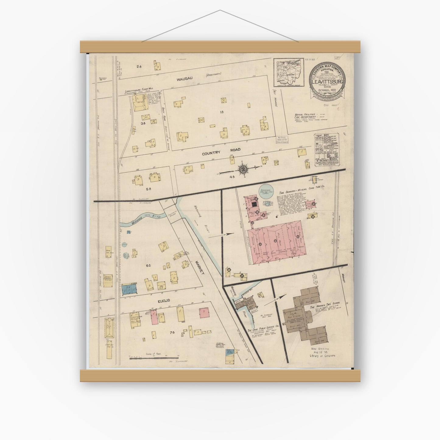 Old map wall art mockup — magnetic wood frame on white wall — Sanborn Fire Insurance Map from Leavittsburg, Trumbull County, Ohio (1922), Sheet #0001