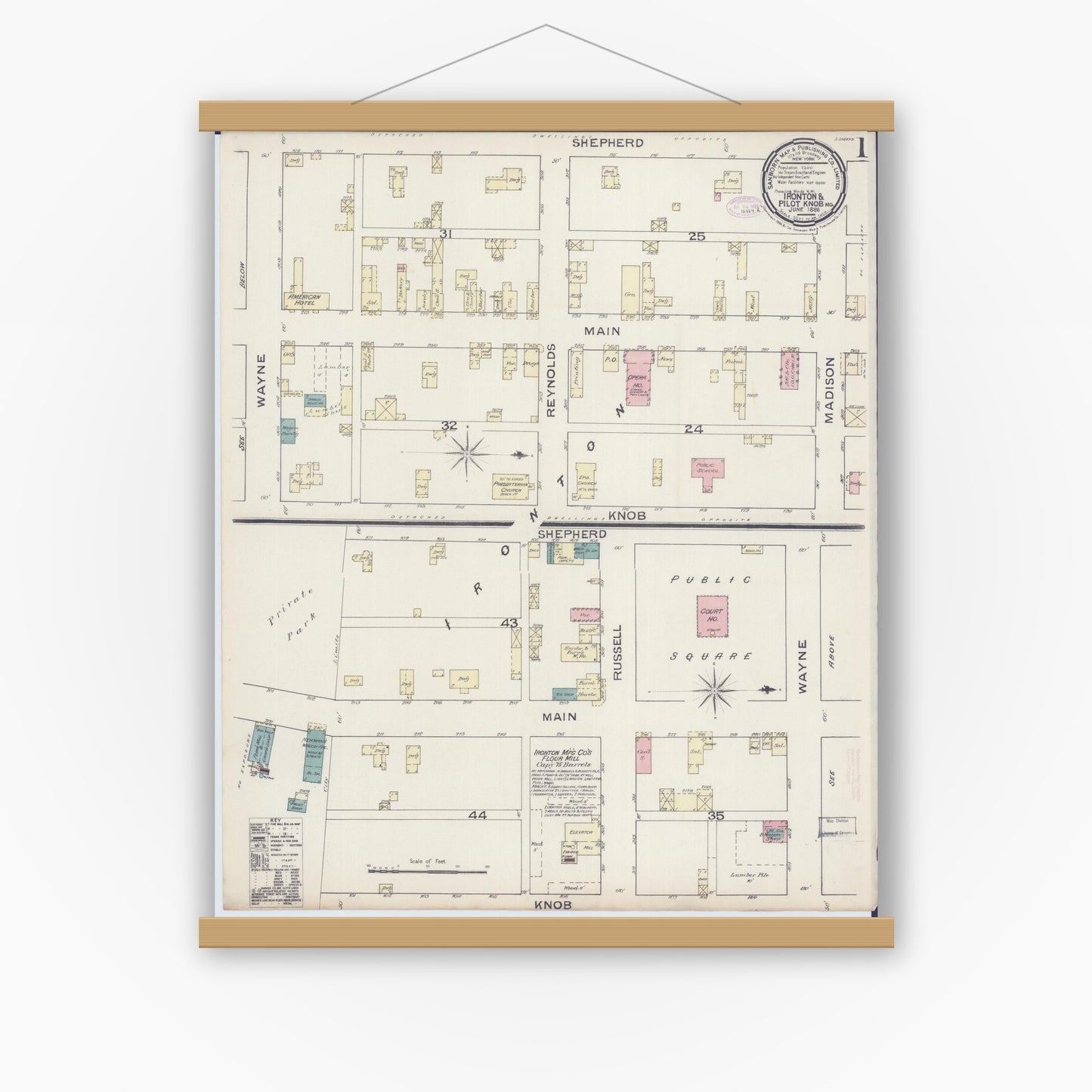 Old map wall art mockup — magnetic wood frame on white wall — Sanborn Fire Insurance Map from Ironton, Iron County, Missouri (1886), Sheet #0001