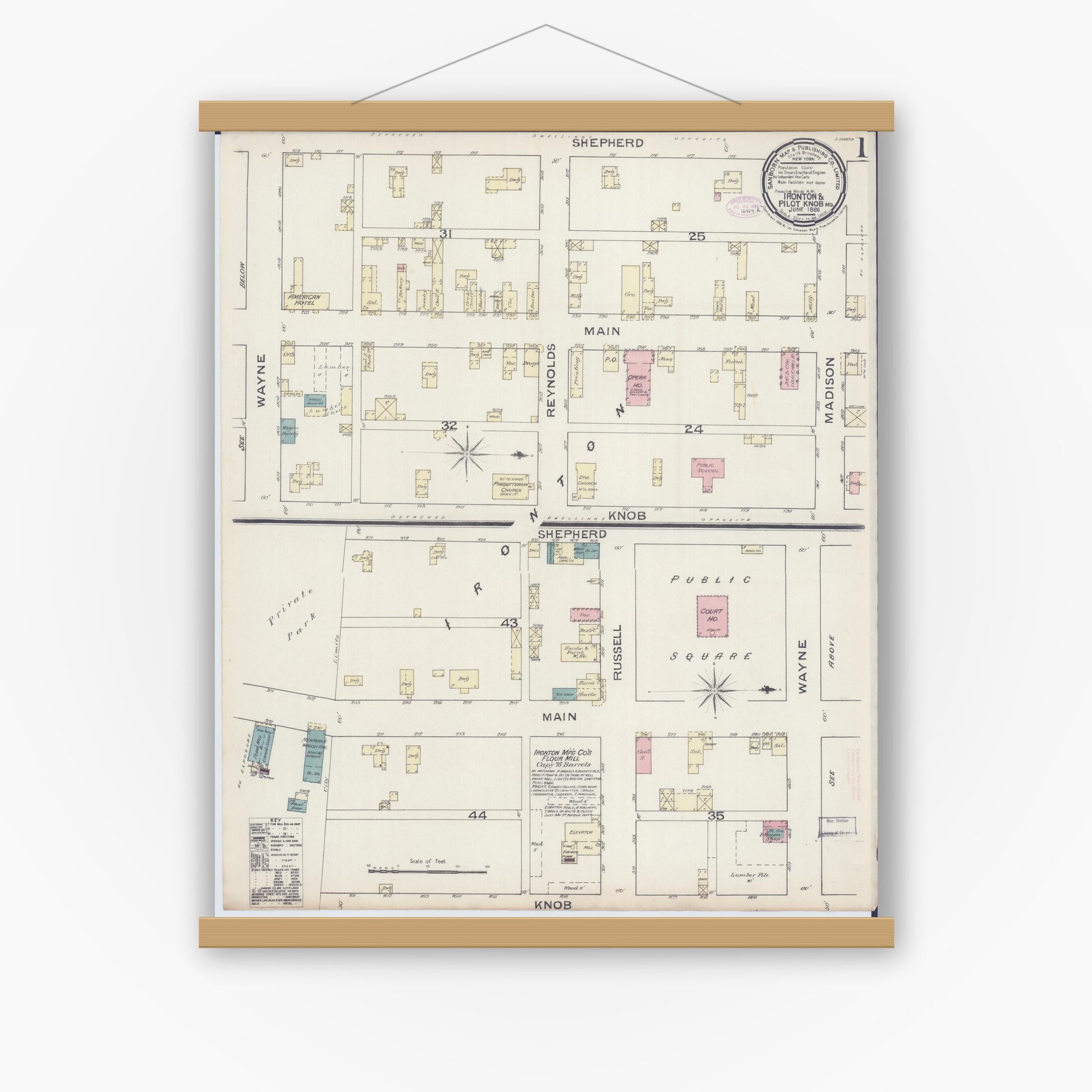 Old map wall art mockup — magnetic wood frame on white wall — Sanborn Fire Insurance Map from Ironton, Iron County, Missouri (1886), Sheet #0001