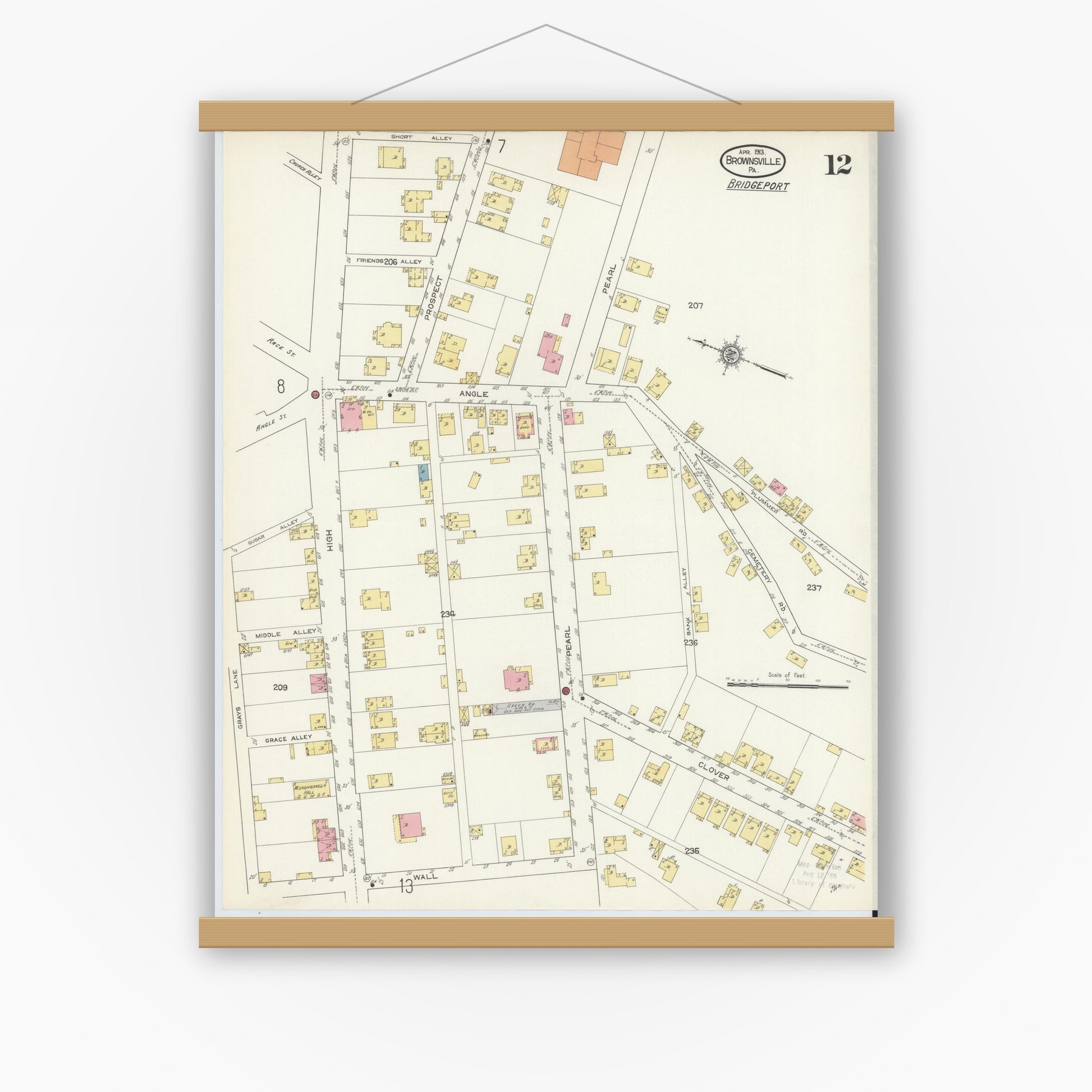 Old map wall art mockup — magnetic wood frame on white wall — Sanborn Fire Insurance Map from Brownsville, Fayette County, Pennsylvania (1913), Sheet #0012