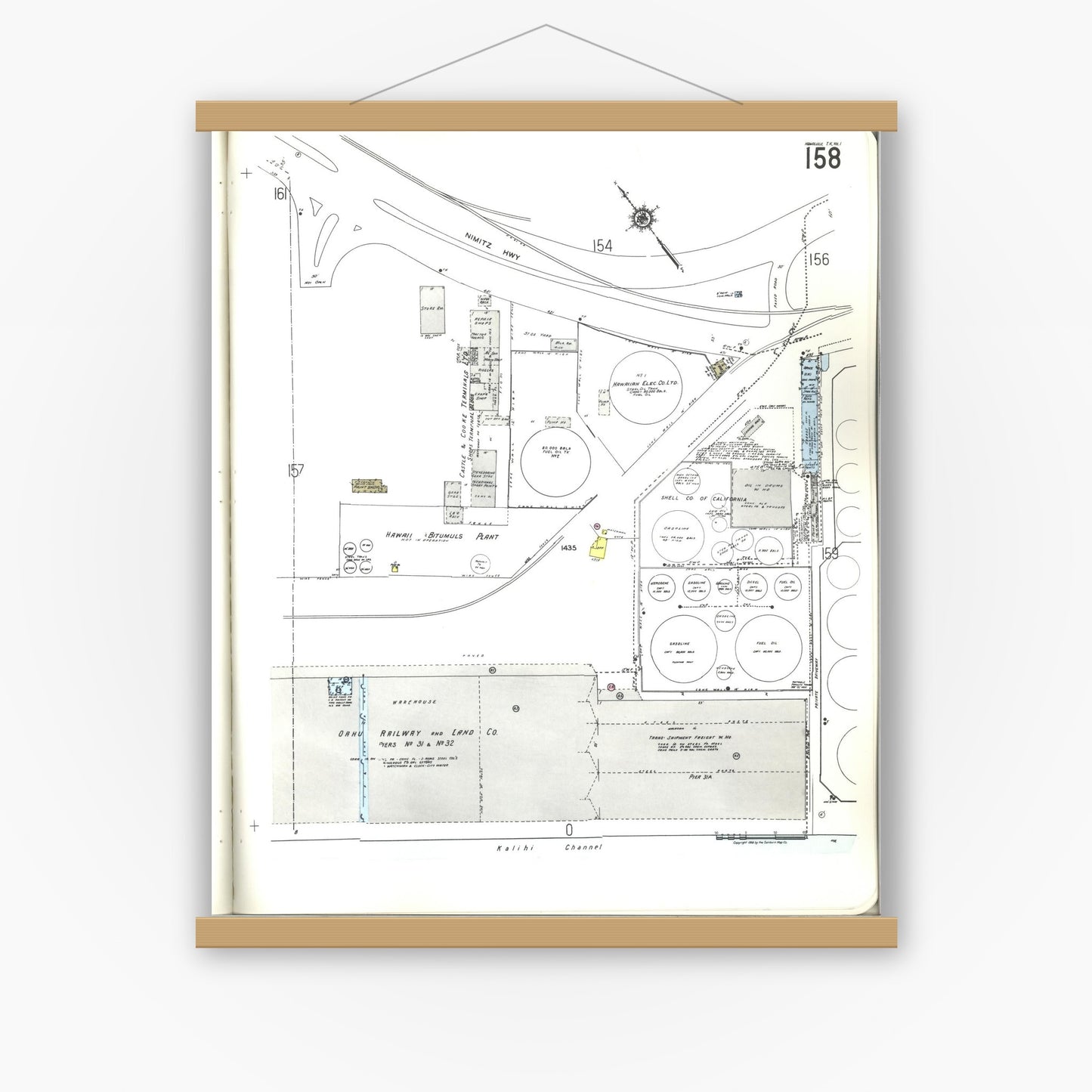 Old map wall art mockup — magnetic wood frame on white wall — Sanborn Fire Insurance Map from Honolulu, Oahu County, Hawaii (1955), Sheet #0158