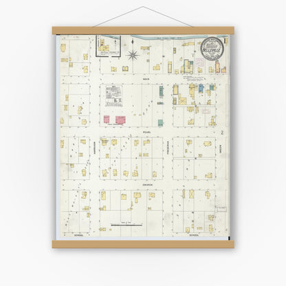 Old map wall art mockup — magnetic wood frame on white wall — Sanborn Fire Insurance Map from Belleville, Dane County, Wisconsin (1908), Sheet #0001