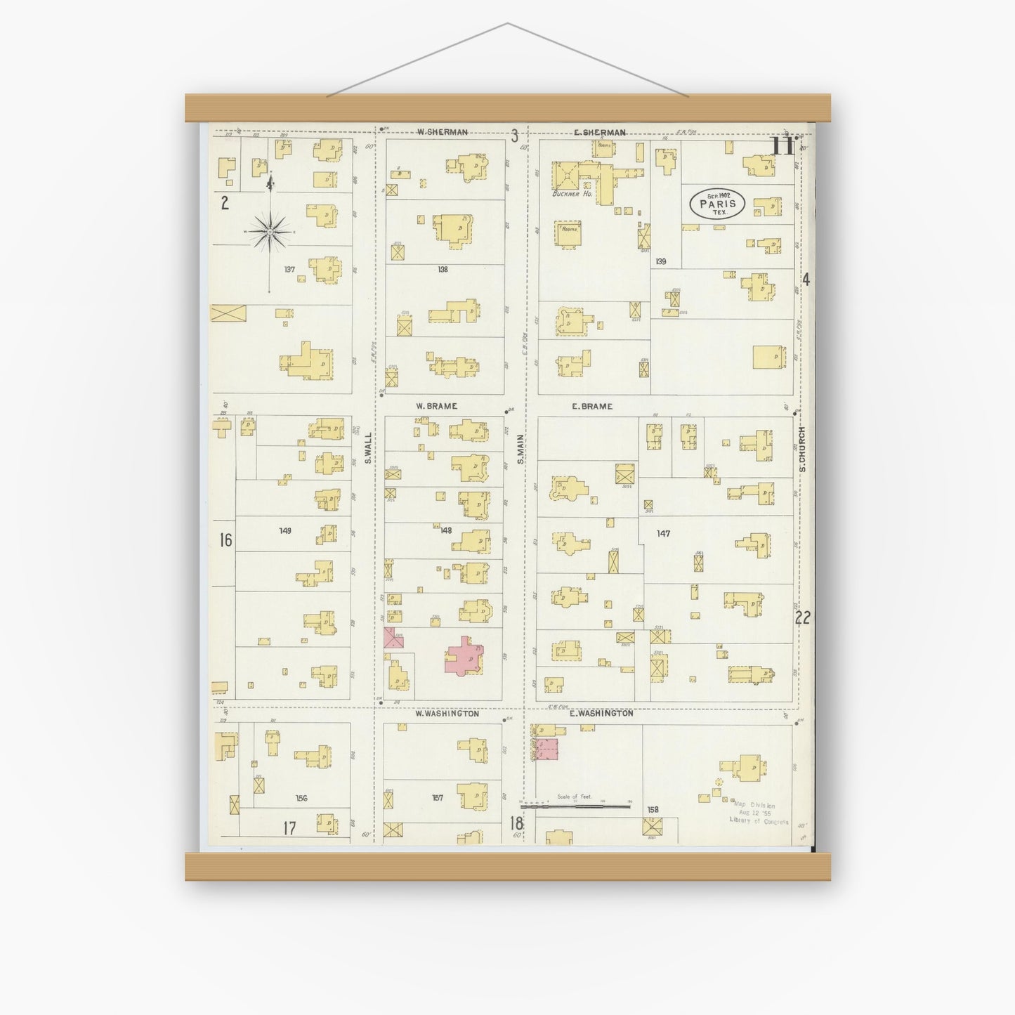Old map wall art mockup — magnetic wood frame on white wall — Sanborn Fire Insurance Map from Paris, Lamar County, Texas (1902), Sheet #0011