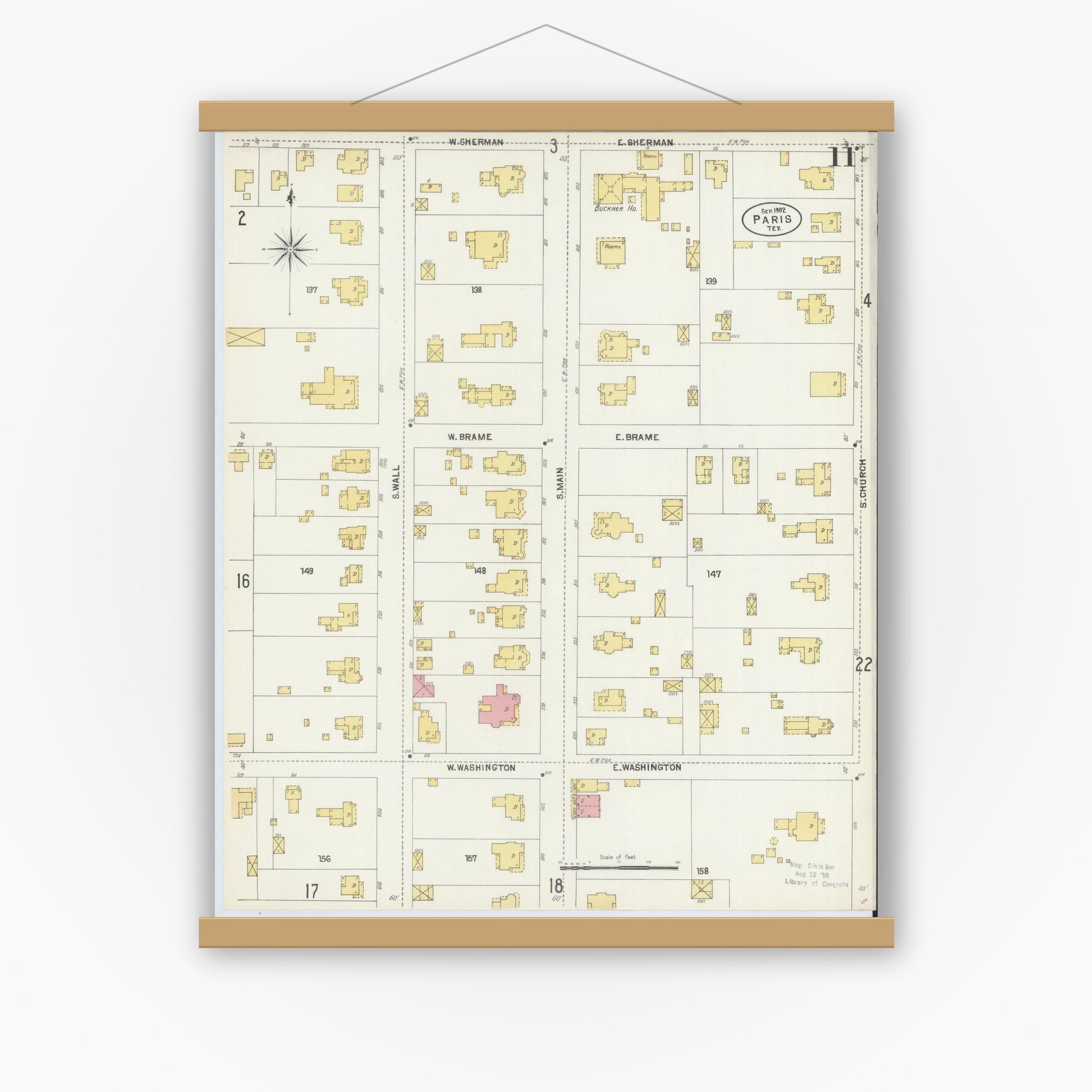 Old map wall art mockup — magnetic wood frame on white wall — Sanborn Fire Insurance Map from Paris, Lamar County, Texas (1902), Sheet #0011