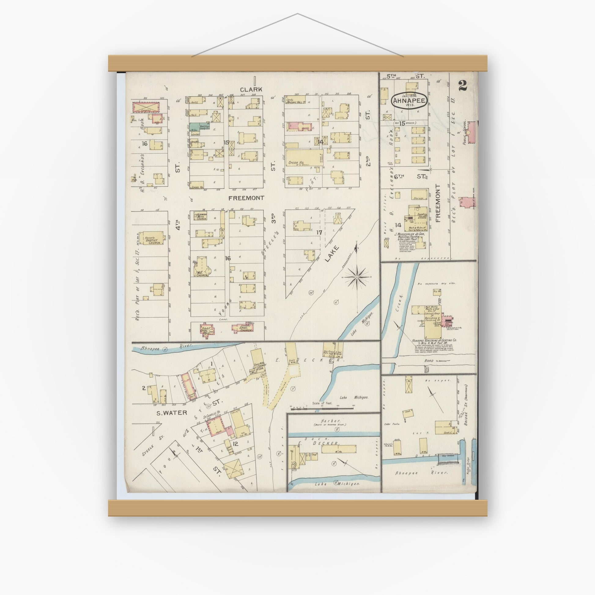 Old map wall art mockup — magnetic wood frame on white wall — Sanborn Fire Insurance Map from Ahnapee, Kewaunee County, Wisconsin (1894), Sheet #0002