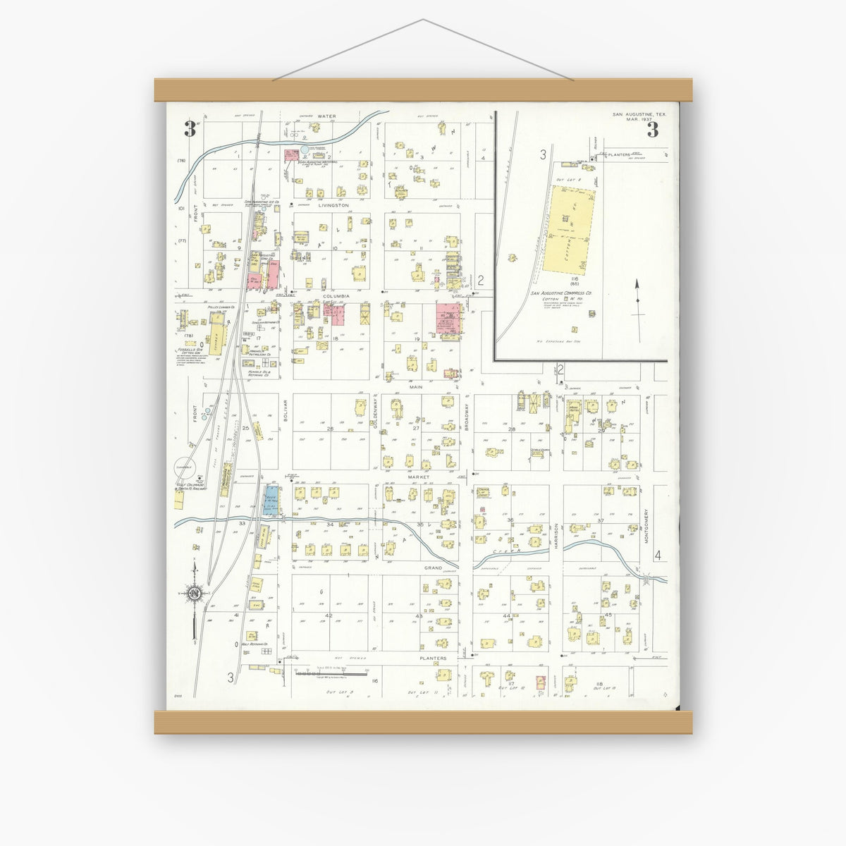 Old map wall art mockup — magnetic wood frame on white wall — Sanborn Fire Insurance Map from San Augustine, San Augustine County, Texas (1937), Sheet #0003