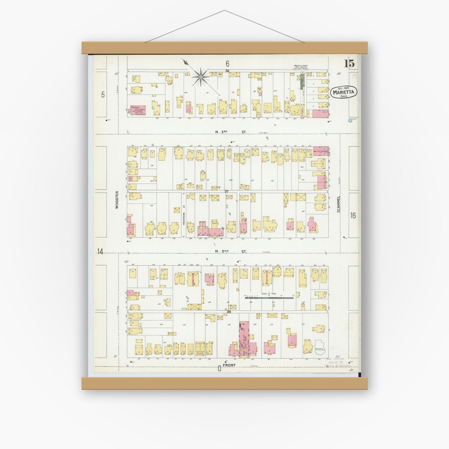 Old map wall art mockup — magnetic wood frame on white wall — Sanborn Fire Insurance Map from Marietta, Washington County, Ohio (1900), Sheet #0015