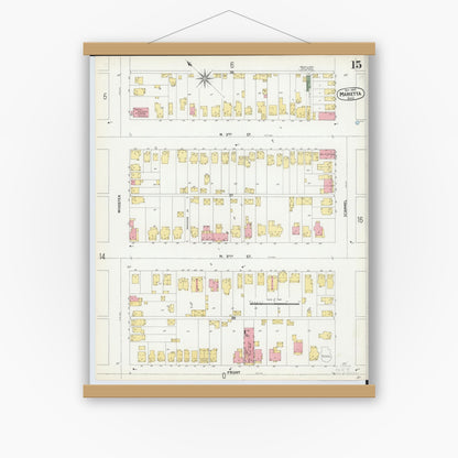 Old map wall art mockup — magnetic wood frame on white wall — Sanborn Fire Insurance Map from Marietta, Washington County, Ohio (1900), Sheet #0015