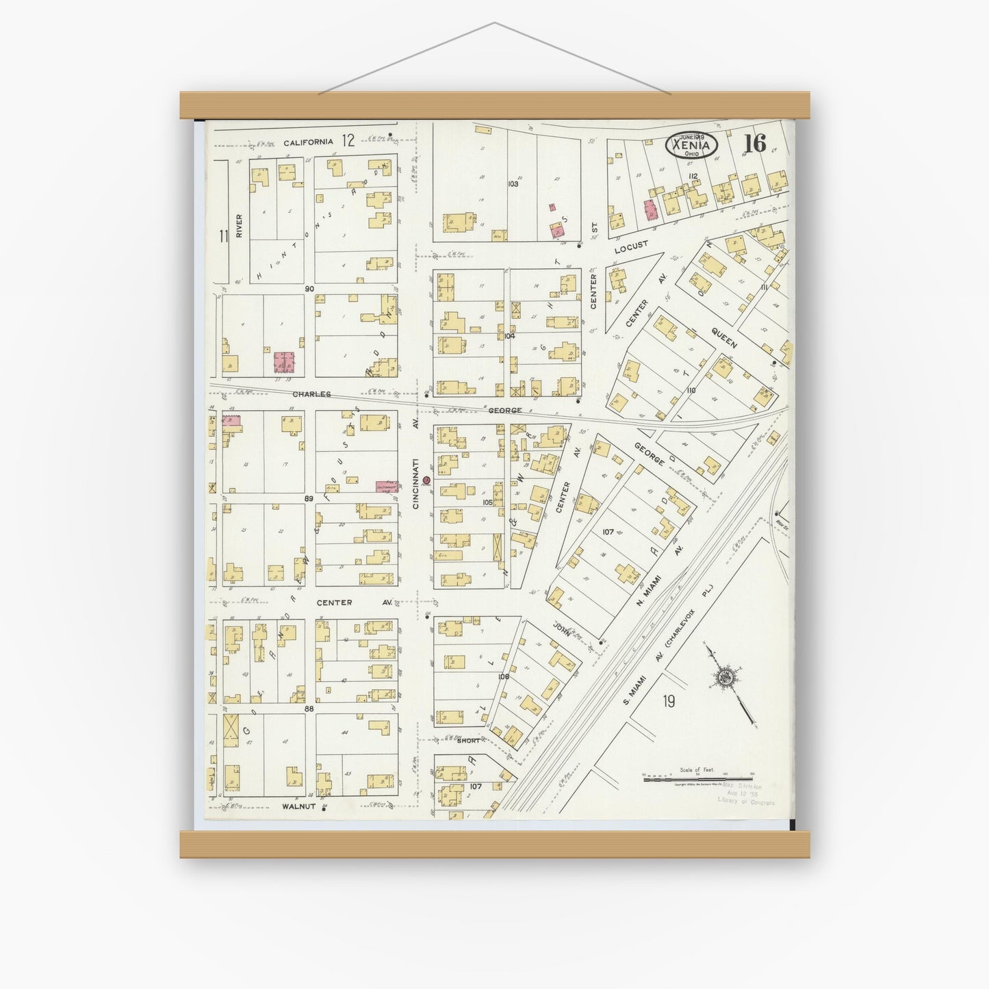 Old map wall art mockup — magnetic wood frame on white wall — Sanborn Fire Insurance Map from Xenia, Greene County, Ohio (1919), Sheet #0016