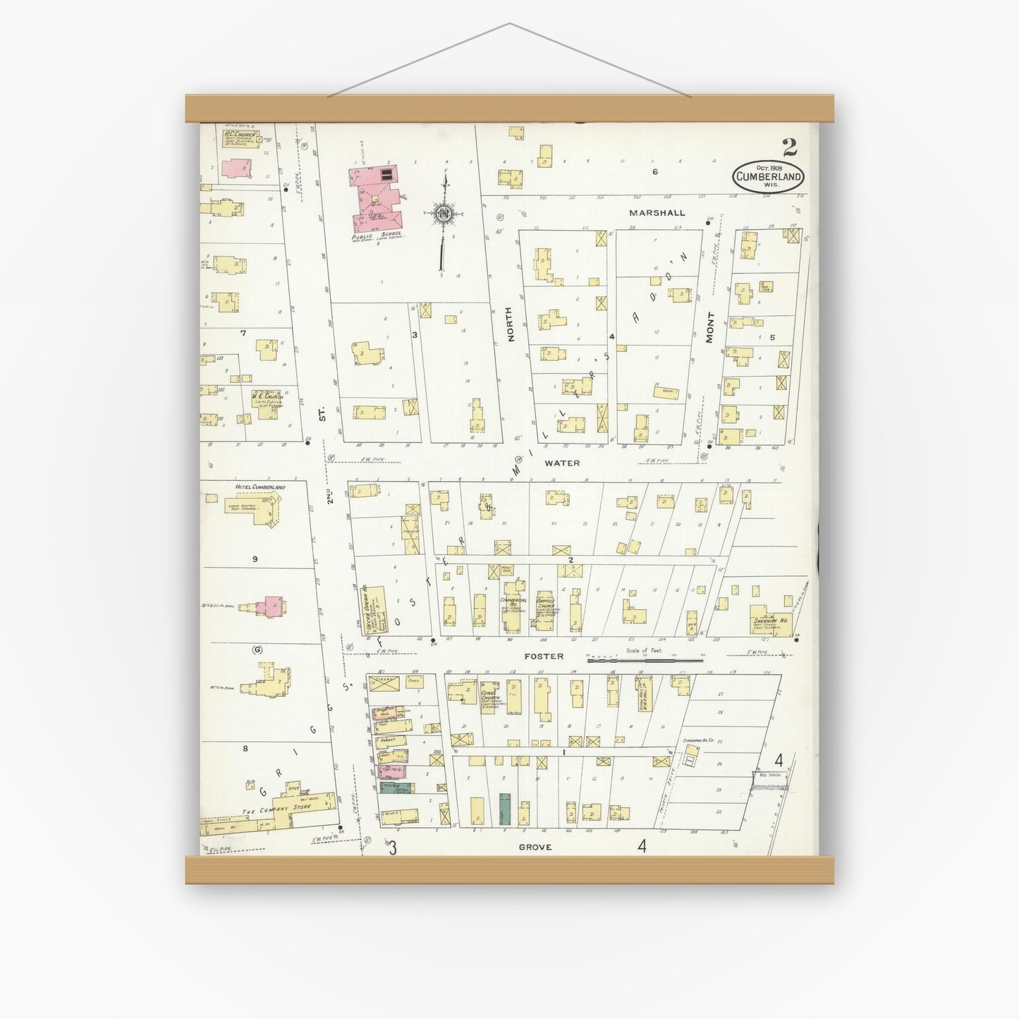 Old map wall art mockup — magnetic wood frame on white wall — Sanborn Fire Insurance Map from Cumberland, Barron County, Wisconsin (1909), Sheet #0002