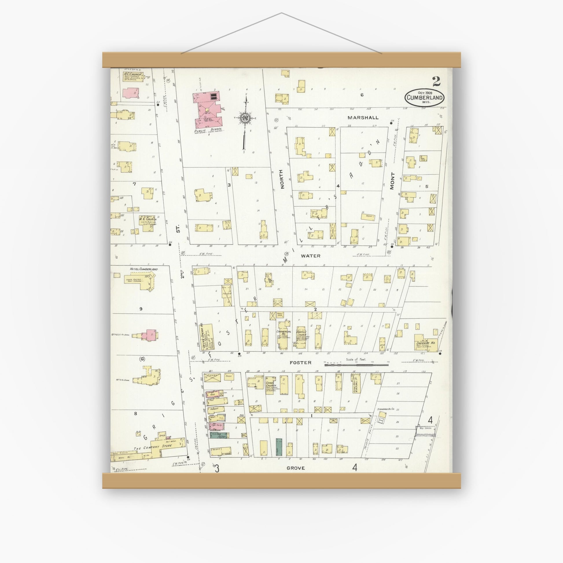 Old map wall art mockup — magnetic wood frame on white wall — Sanborn Fire Insurance Map from Cumberland, Barron County, Wisconsin (1909), Sheet #0002