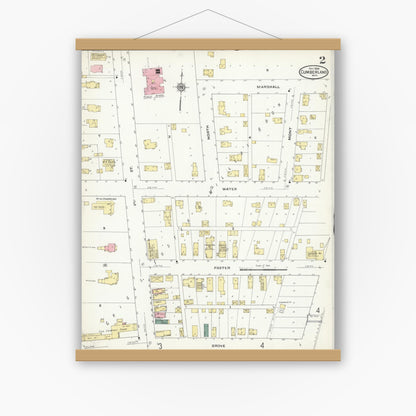 Old map wall art mockup — magnetic wood frame on white wall — Sanborn Fire Insurance Map from Cumberland, Barron County, Wisconsin (1909), Sheet #0002