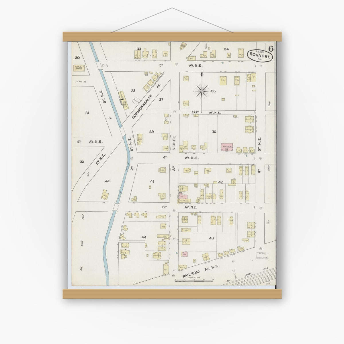 Old map wall art mockup — magnetic wood frame on white wall — Sanborn Fire Insurance Map from Roanoke, Independent Cities, Virginia (1889), Sheet #0006