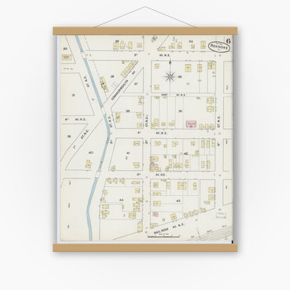 Old map wall art mockup — magnetic wood frame on white wall — Sanborn Fire Insurance Map from Roanoke, Independent Cities, Virginia (1889), Sheet #0006